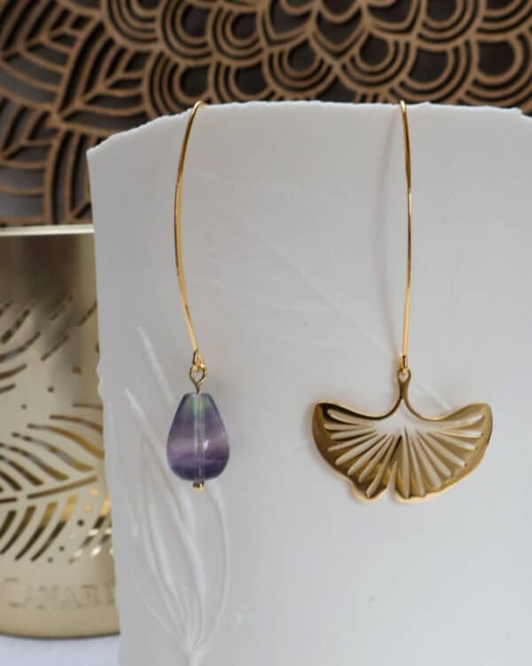 Boucles d'oreille ginkgo et fluorite